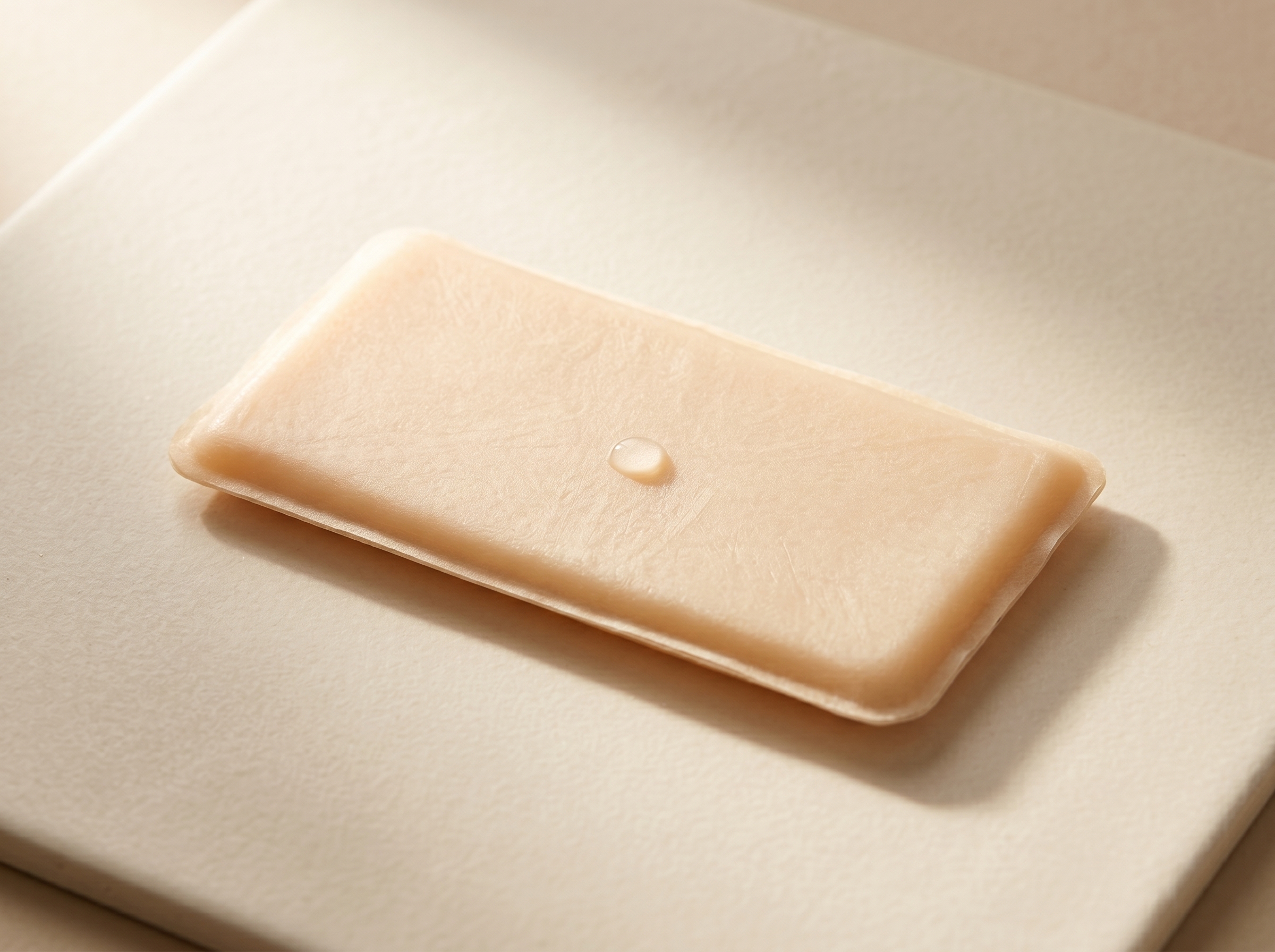 A soft peach-coloured slab of plant-based cooling wax on cream ceramic.