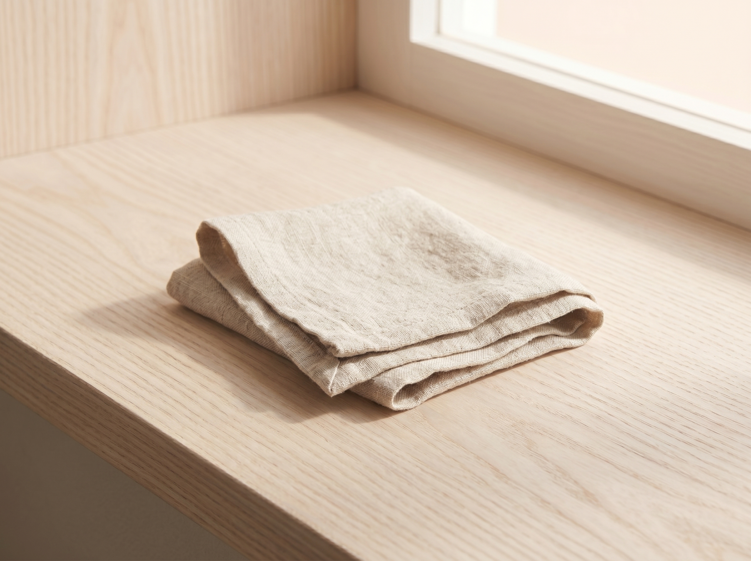 Folded linen cloth on a windowsill in morning light.